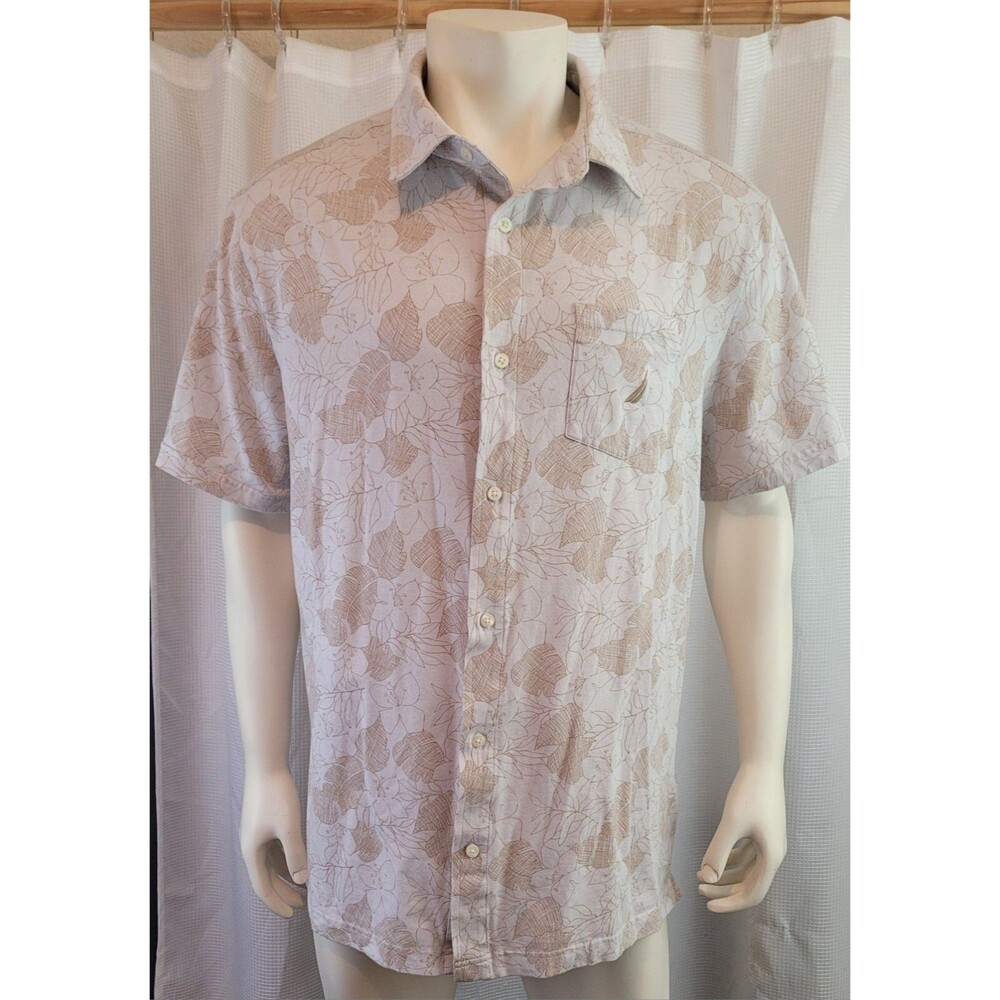 Nautica Men’s XL Harbor Shirt Hibiscus Flower Tan Palm Tropical Printed
